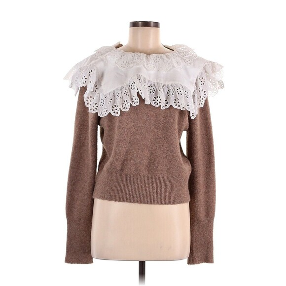 ZARA Brown White Combination Eyelet Collar Wool Blend Sweater - M - Picture 1 of 2